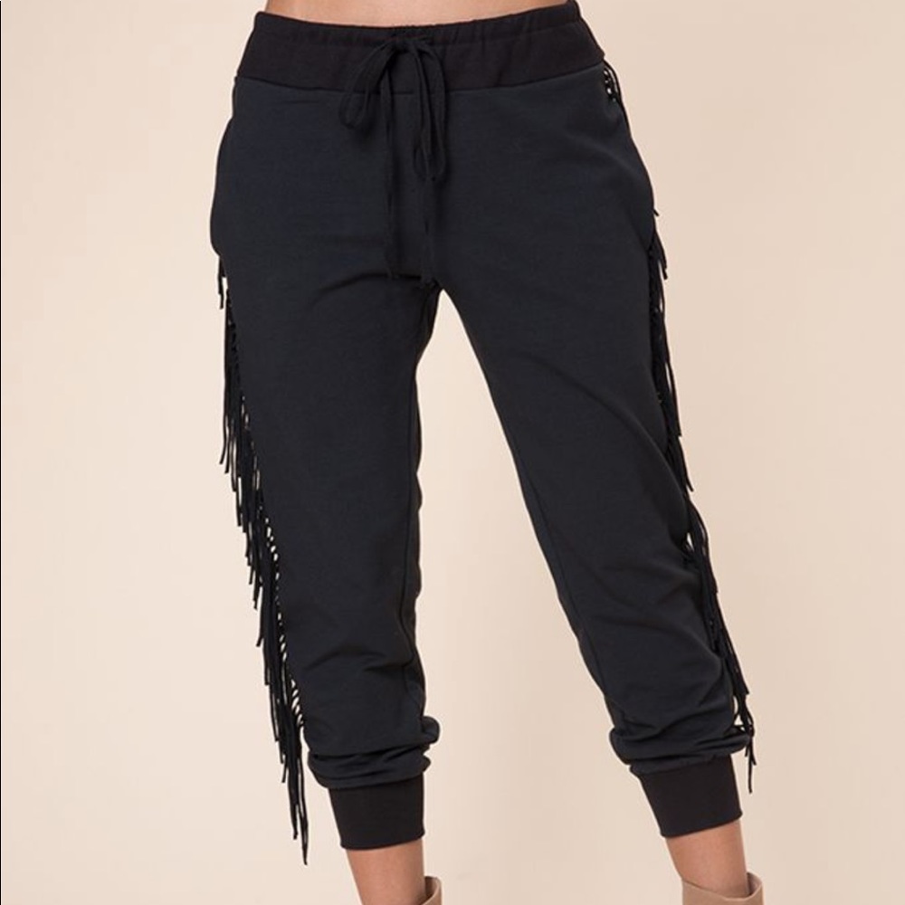 KITTENISH BLACK FRINGE JOGGERS
